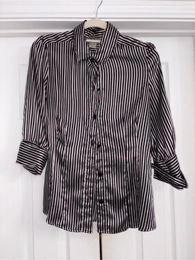 MKM Designs Black & White Striped Satin Button-Down Blouse